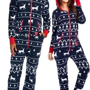 New- Tipsy Elves Unisex 1X XL Winter Zip Jwarm Jump Suit- Navy Red Reindeer
